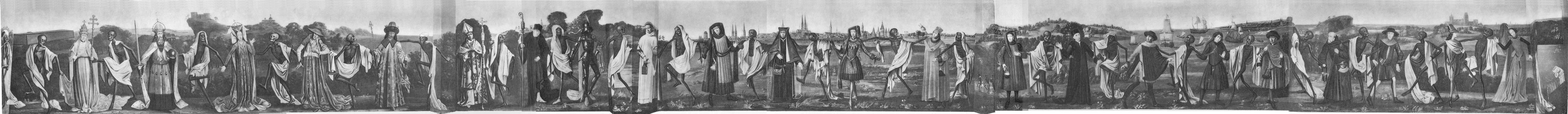 the dance of death of lübeck: the pope, the emperor, the empress and on through every rank of the living to a baby, each taken by the hand by a dancing death, before a landscape with the city behind