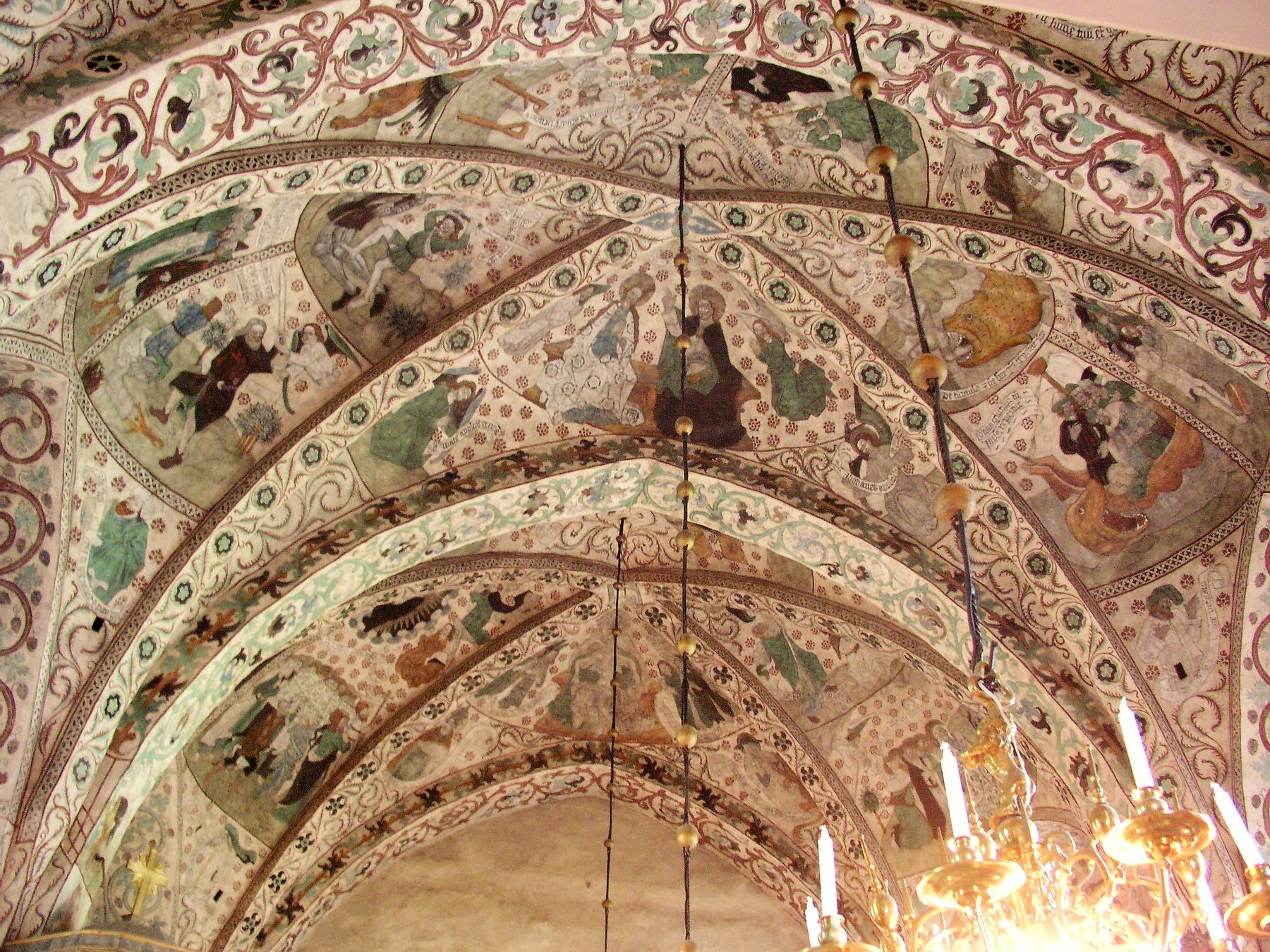 looking up into the painted vaults of täby church: saints, angels, beasts, scrolls, flowering tendrils