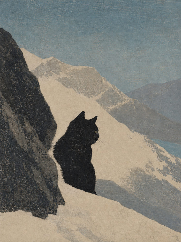 alpine cat: black cat in a snow mountain pass, japanese woodblock style