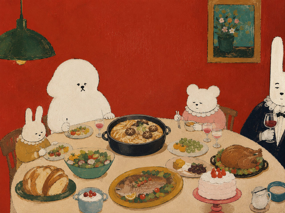 animal feast: naive folk, cozy cottagecore feast, brick red and cream