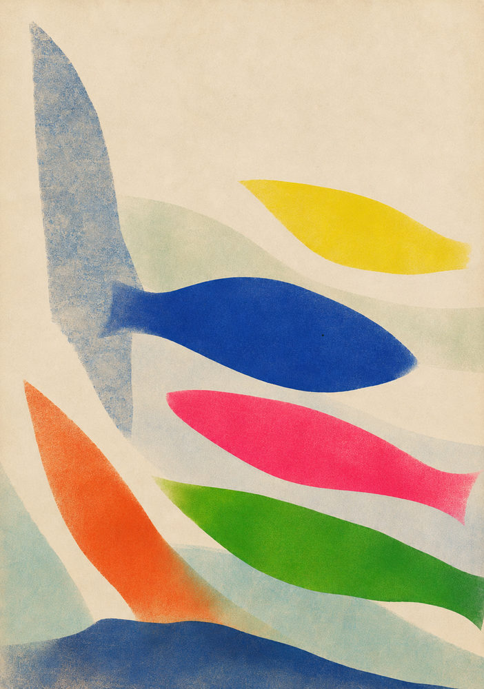 aquatic dance: mid century modern, colorful cut out fish leaf shapes, cobalt blue magenta green