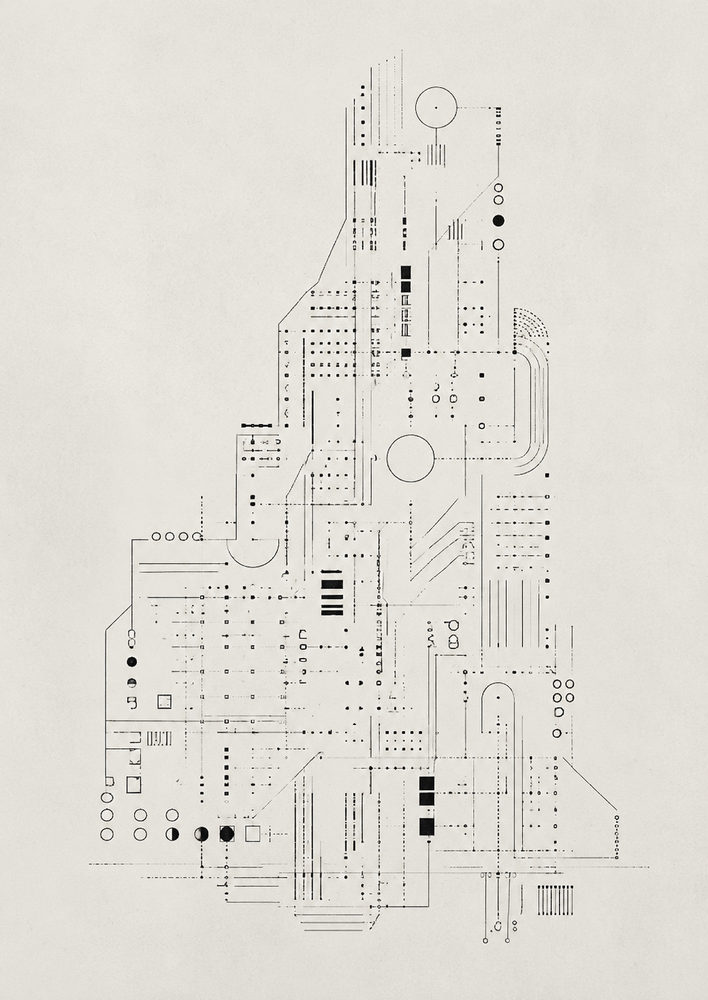 architectural ink: technical schematic, minimalist circuit, modern office