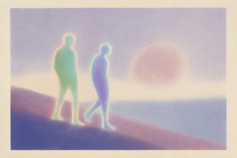 aura walkers: 1970s airbrush, lavender mauve dune, ethereal rainbow aura silhouettes