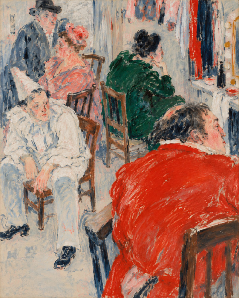 backstage red coat: five figures, seated pierrot clown and man in scarlet red coat, bottle green and oatmeal
