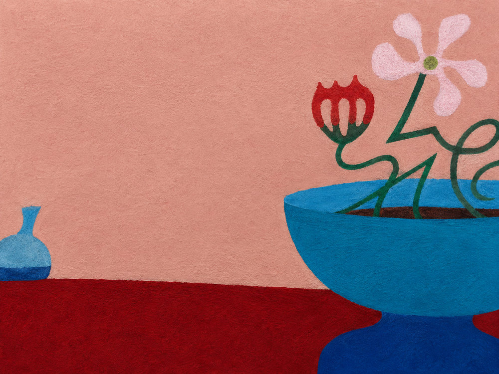 blue bowl bloom: turquoise blue bowl and pink flower, dusty pink crimson red