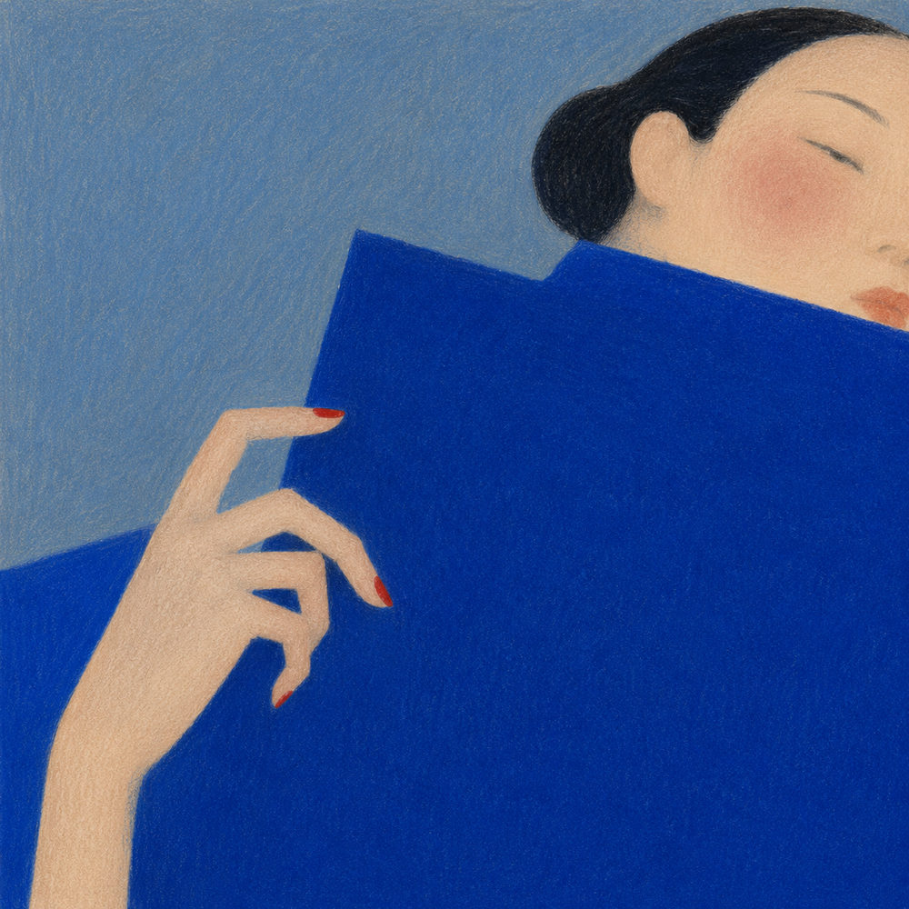 blue drape: cobalt blue drape, colored pencil portrait, red nails figurative
