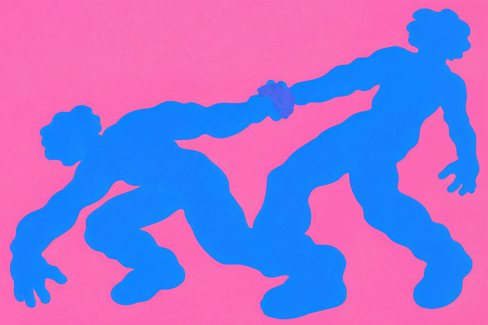 blue figures: one figure pulling the other up by the hand, flat silhouette, azure blue on hot pink