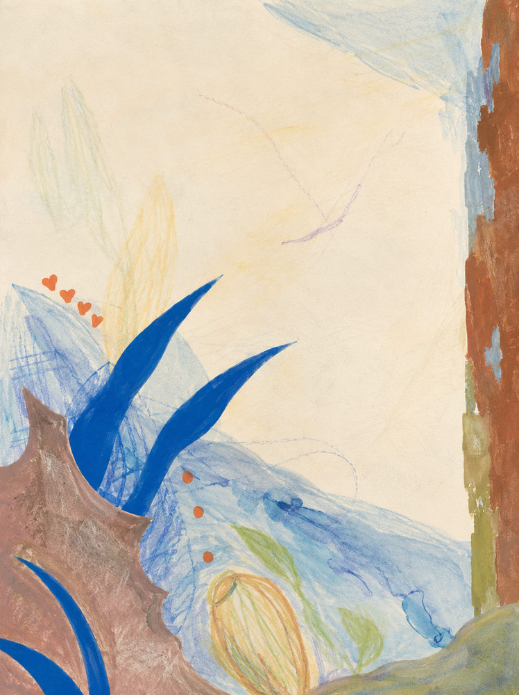 blue fronds: cobalt frond mixed media, cream orange hearts
