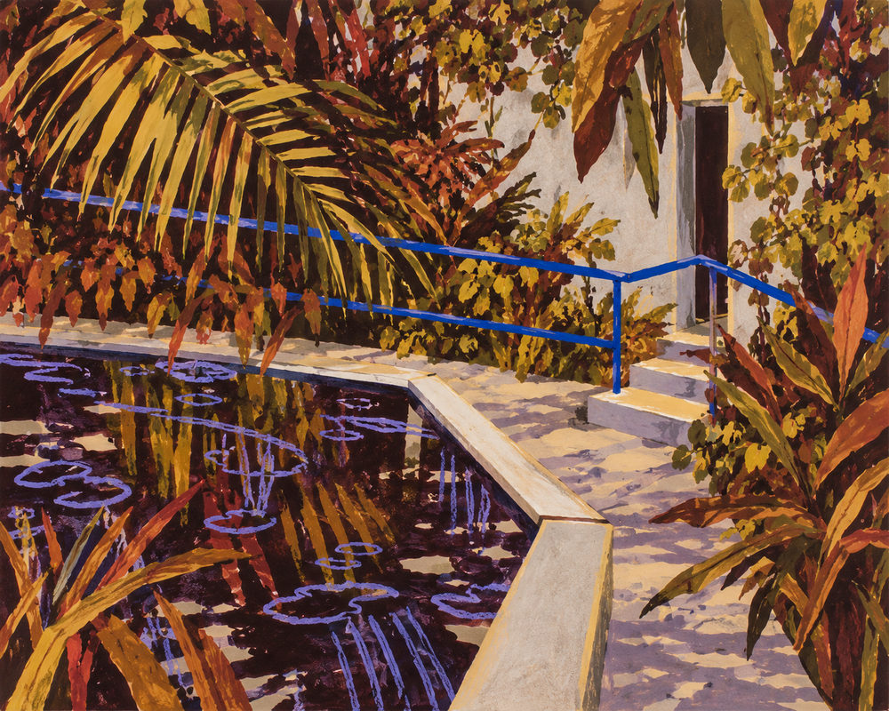 blue rail pool: lily pads, palms and a cobalt blue handrail by white steps, gouache style, ochre, rust and lavender