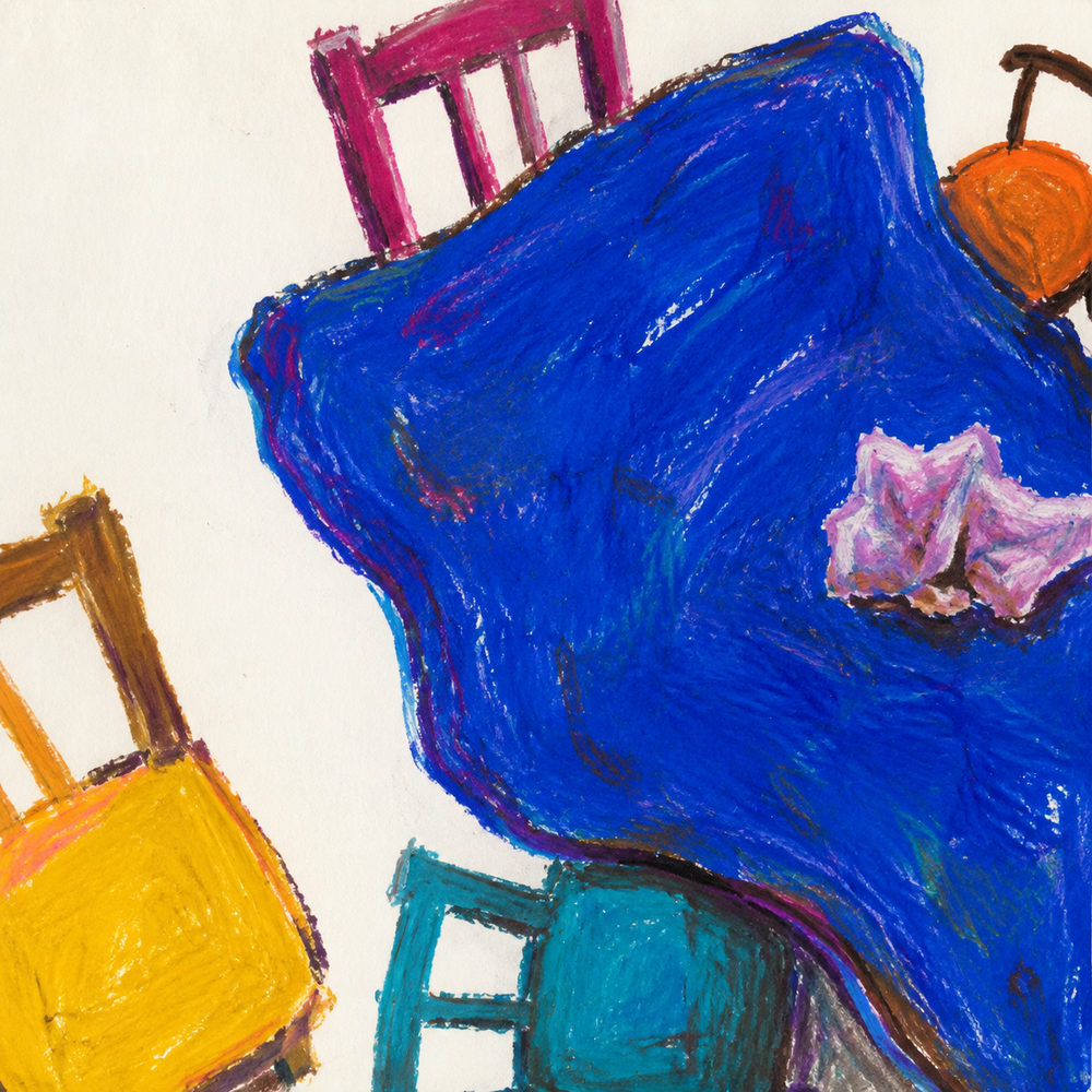 blue tablecloth: cobalt blue tablecloth, oil pastel kitchen table