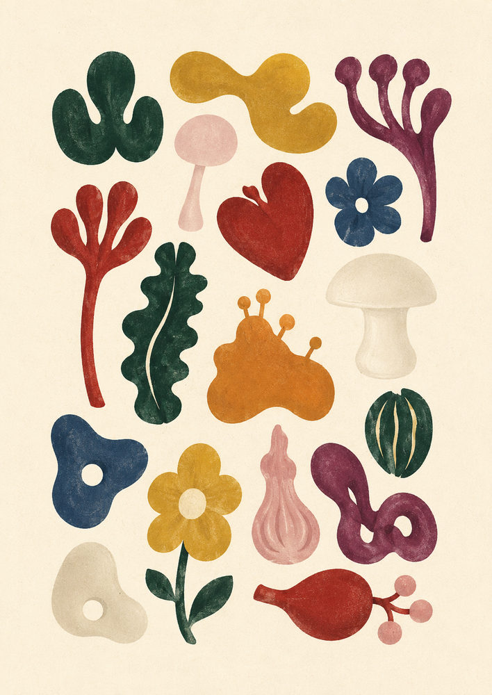 botanical shapes: abstract organic shapes, colorful mid century, whimsical nature nursery