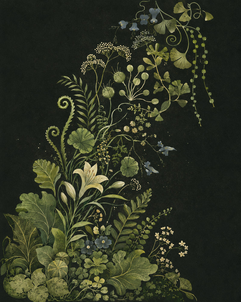 botanical spiral: dark cottagecore, fern fiddlehead, dutch master floral living room