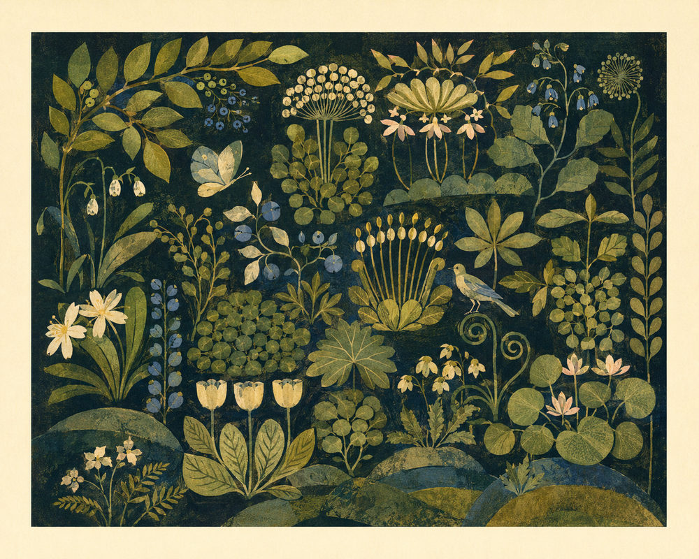 botanical tapestry: folk, forest green meadow, cozy vintage living room