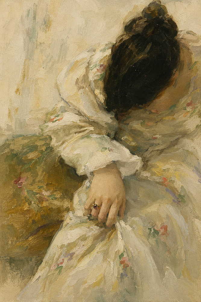 bowed head: impressionist portrait, oil style, cream ochre and olive