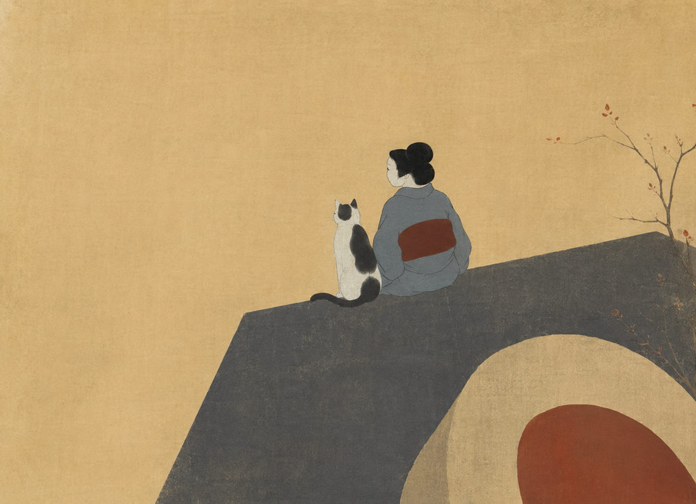 bridge cat: bijin-ga, autumn bridge, ochre gold japandi living room