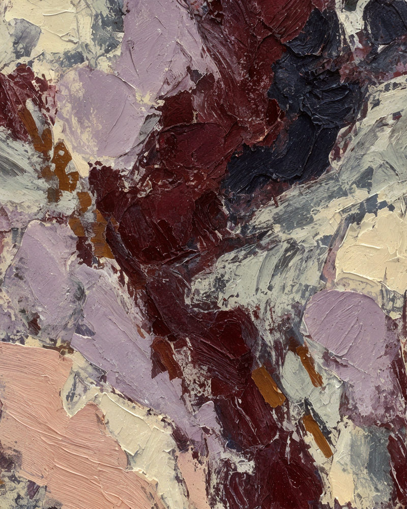 burgundy impasto: one broad band curving between mauve and beige slabs, impasto palette knife oil style