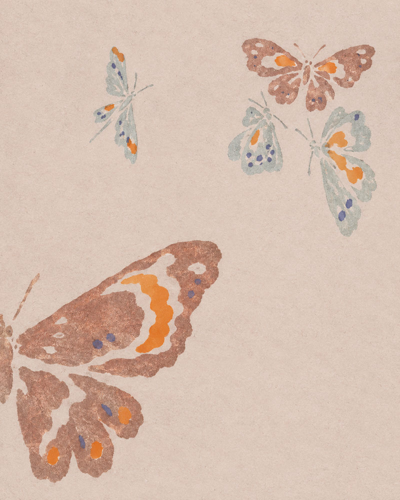 butterfly study: five butterflies scattered on blush paper, stippled gouache, terracotta orange and dove grey