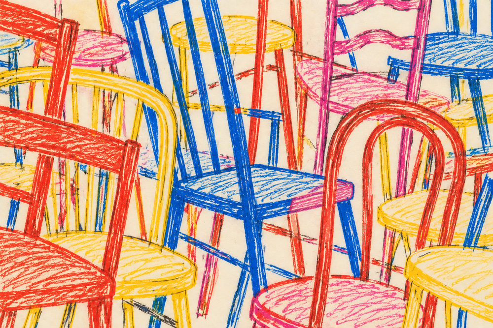 cafe chairs: crowd of bentwood bistro chairs in red cobalt blue and yellow