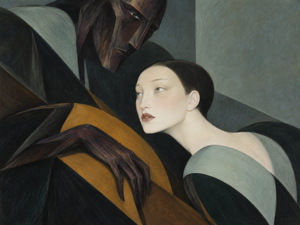 carved companion: pale woman leaning on a carved wooden figure, cubist style, charcoal, grey-green and ochre