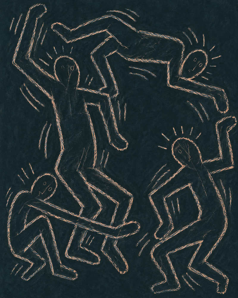 chalk dancers: four figures leaping, flipping and crouching, 80s street style, peach on black