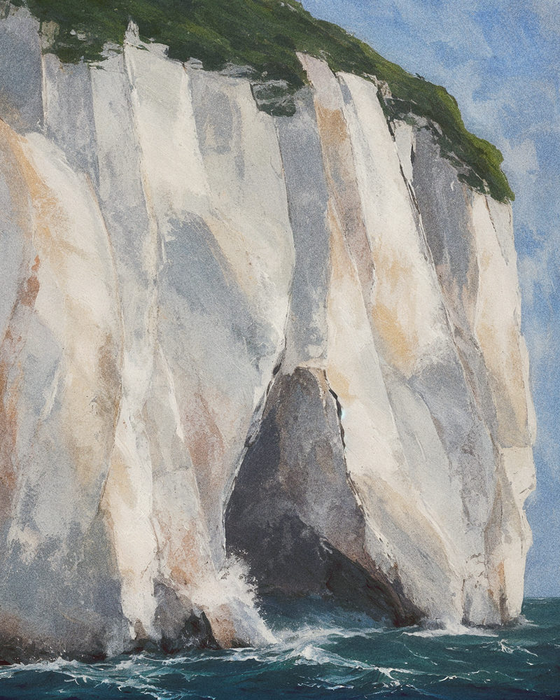 chalk face: sea cave coastal, rock strata geology, white ochre and deep teal