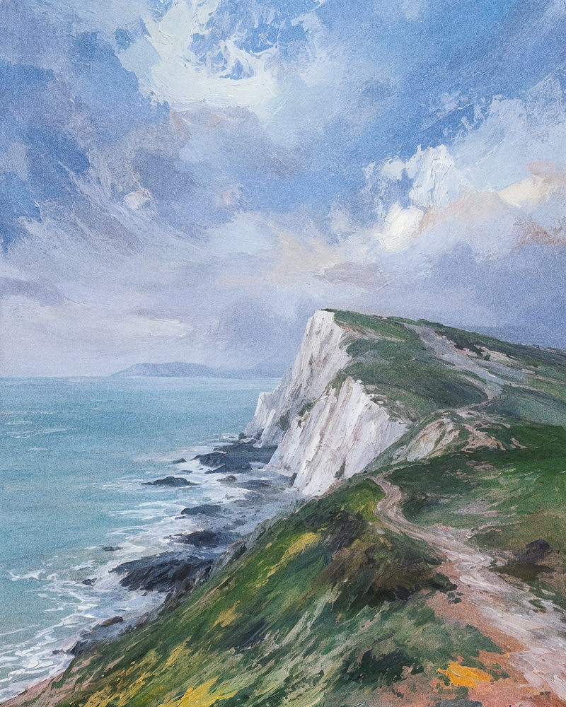chalk headland: english coast watercolor landscape, turquoise sea and big sky, green downland