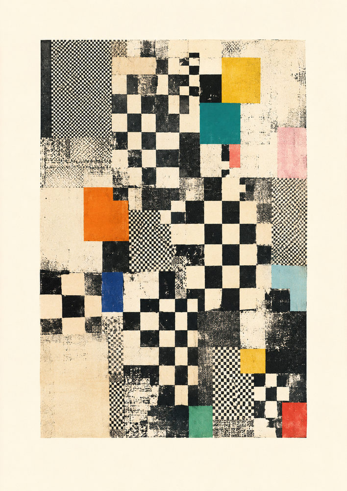 checker collage: bauhaus collage, distressed geometric, colorful mid century modern