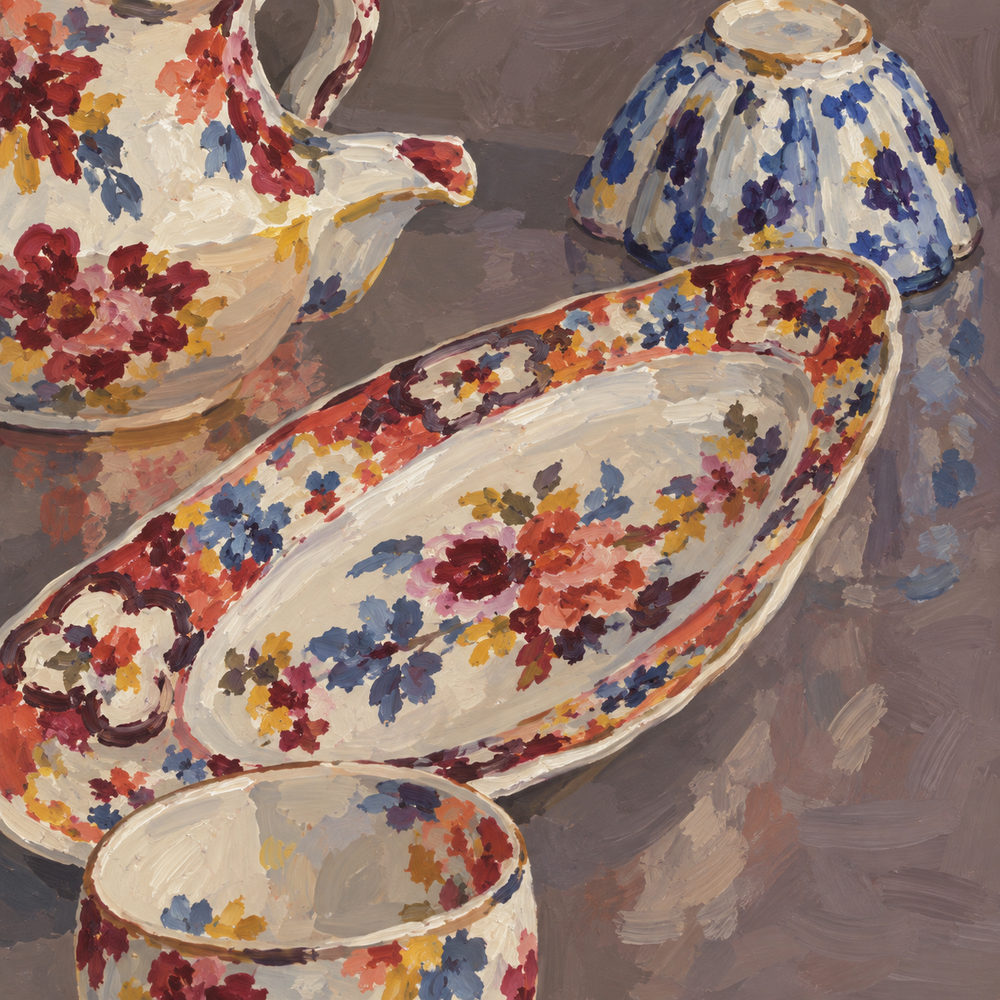 chintz china: chintz jug two bowls oval dish, thick brushstroke, cream crimson denim blue