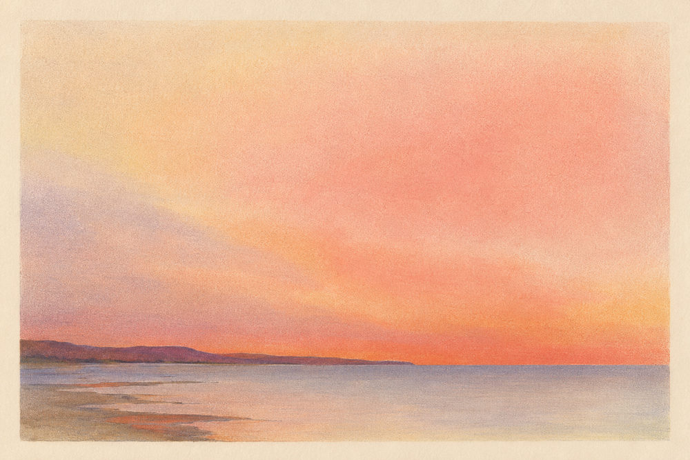 coastal sunrise: pastel tonalist seascape, peach and lilac ocean, minimalist dawn beach