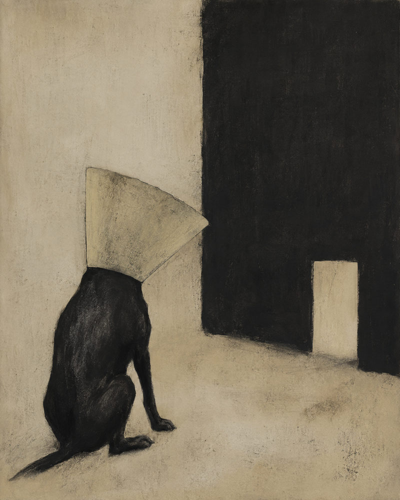 cone dog: surreal cone collar, charcoal dog and doorway, tan cream melancholy