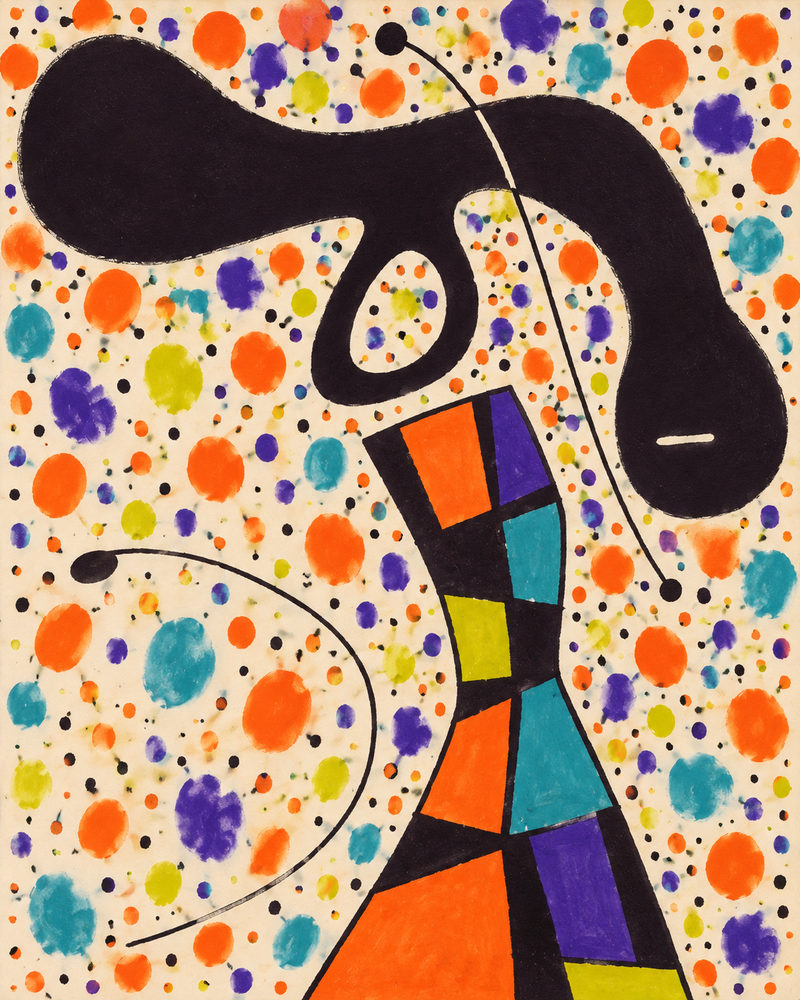 confetti figure: curling black form on a patchwork body, confetti dots on cream, orange purple and teal gouache