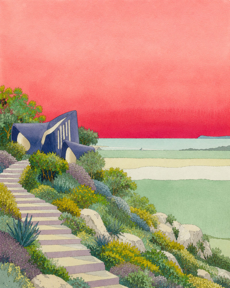 coral path: coastal rock garden, coral pink mint green seaside, blue pavilion sailboat
