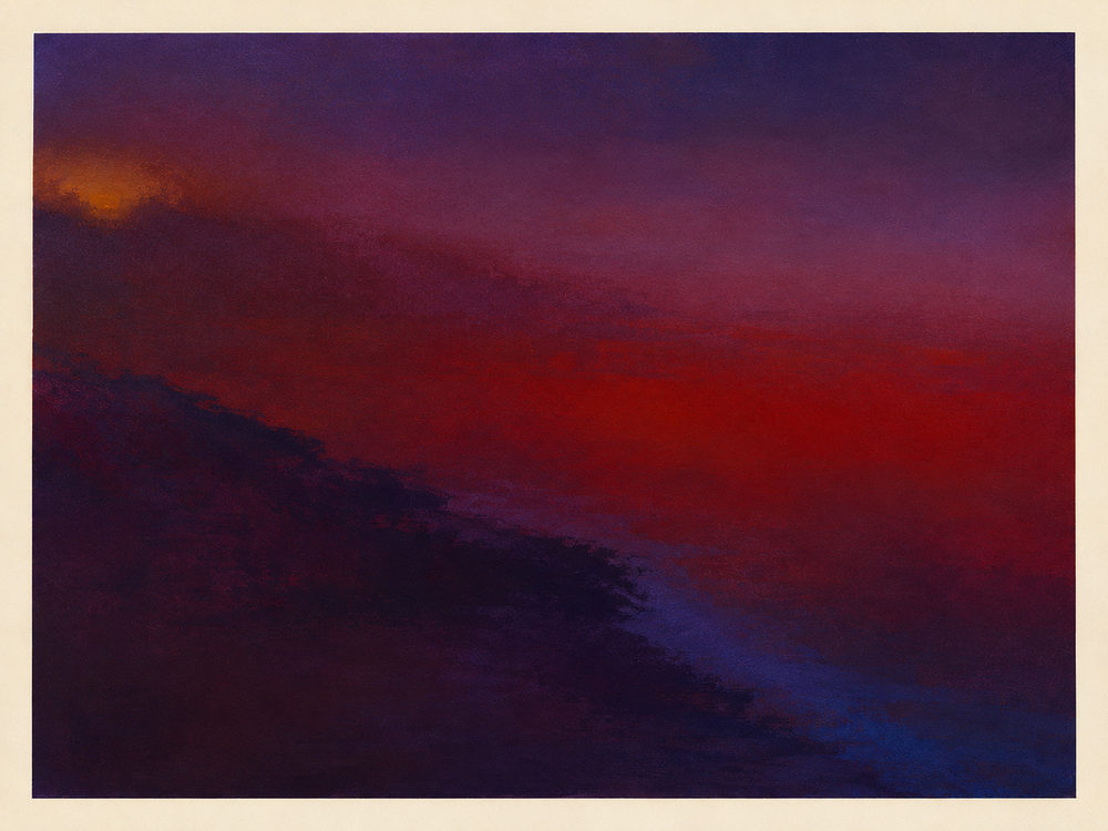 crimson dusk: crimson red colour field, deep violet and gold sunset