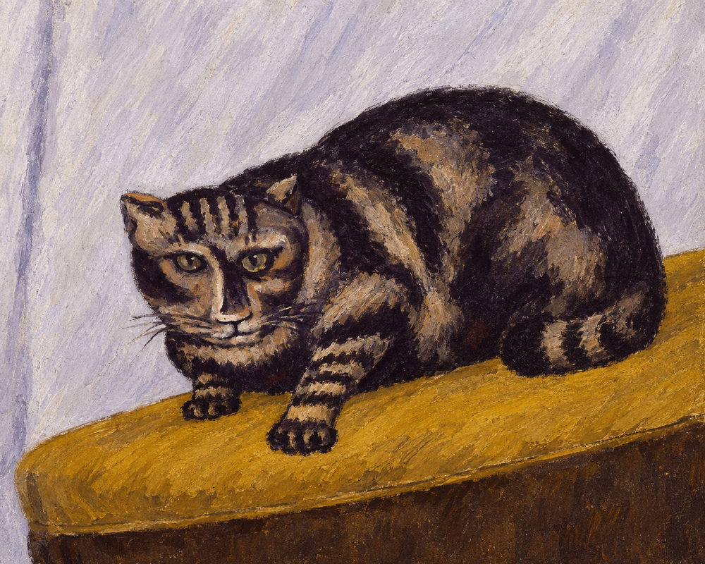 crouching tabby: crouching brown tabby staring at you from a round mustard ottoman, naive oil, lilac grey curtain