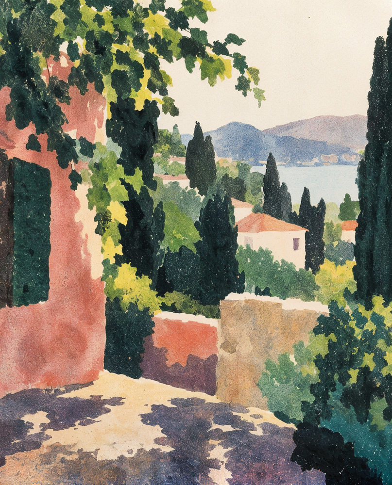 cypress slope: terracotta roofs above a blue bay, stippled pointillist, salmon pink and dark green
