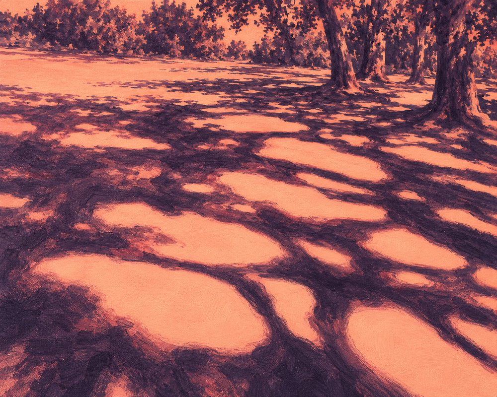 dappled shade: dappled shade across a sunlit park, impressionist oil style, coral and plum