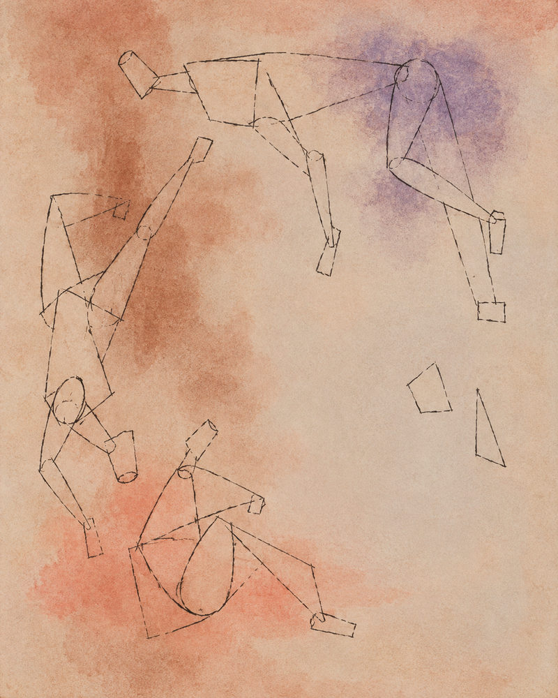 dashed acrobats: dashed ink line drawing on watercolour wash, peach, terracotta and mauve grey