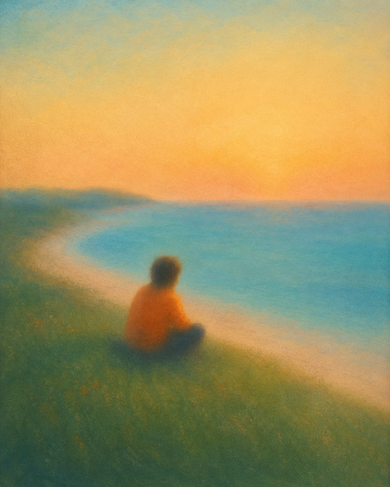 dawn horizon: solitary figure, golden dawn horizon, calm meditation