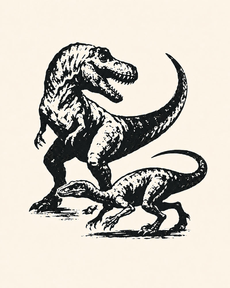 dinosaurs: vintage t-rex & raptor, black and white woodcut illustration