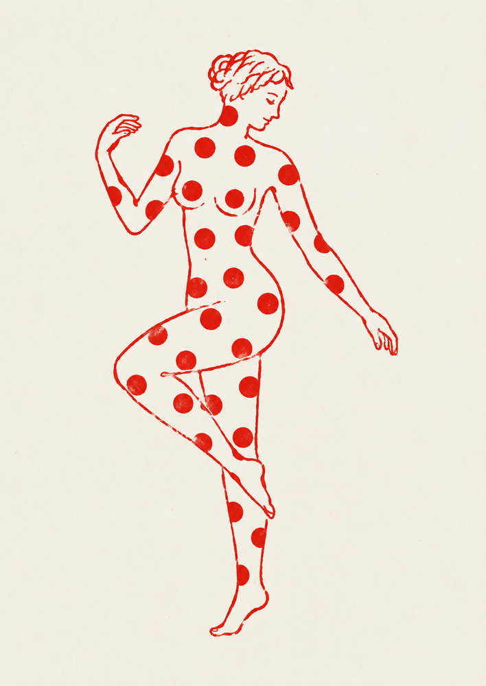 dotted dance: red line, minimalist female nude, eclectic bedroom