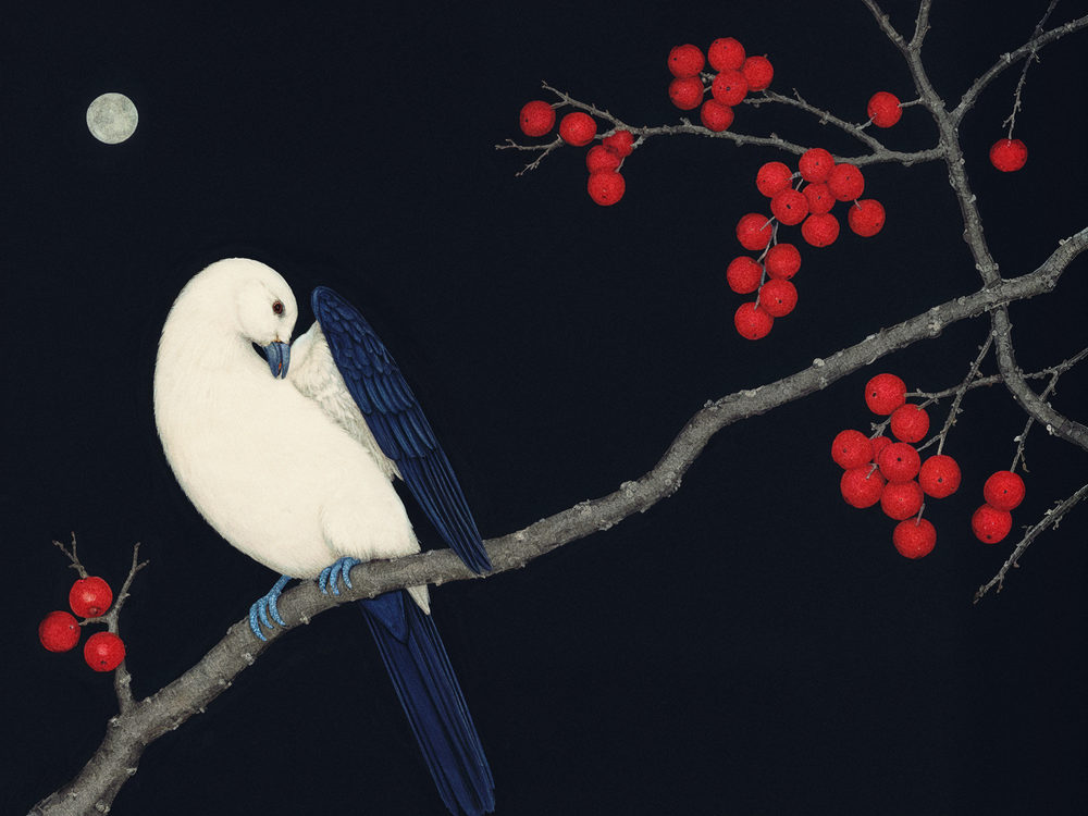 dove berries: red berry branch, japanese style bird and moon, navy and red chinoiserie
