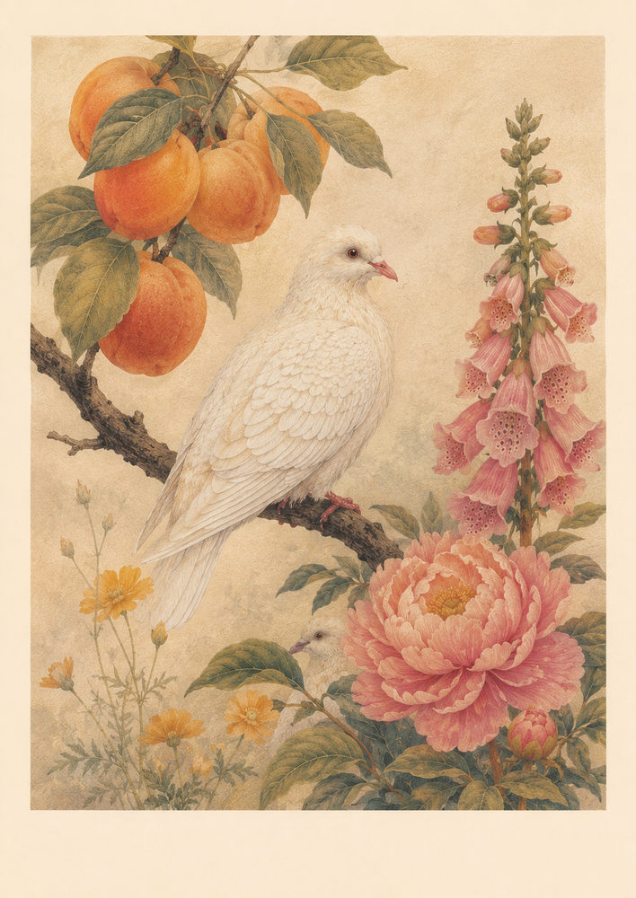 dove blooms: vintage chinoiserie, pink peony foxglove, cottagecore bird bedroom