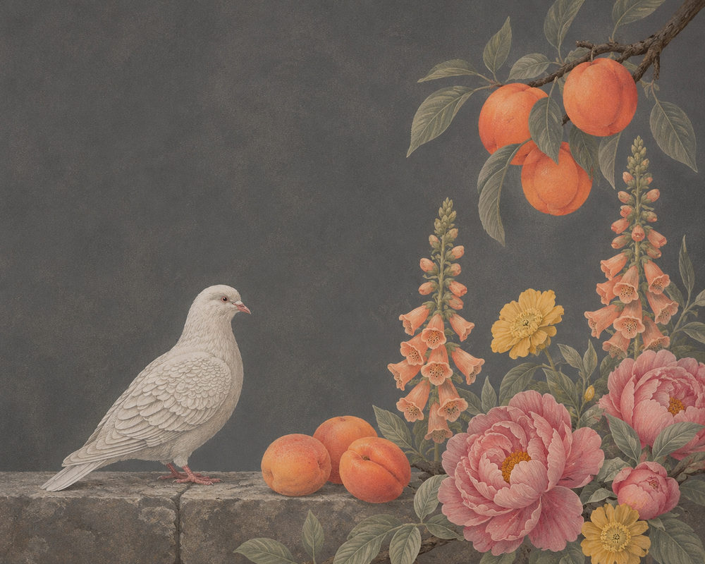 dove still life: dutch old master, moody botanical, charcoal grey peony living room