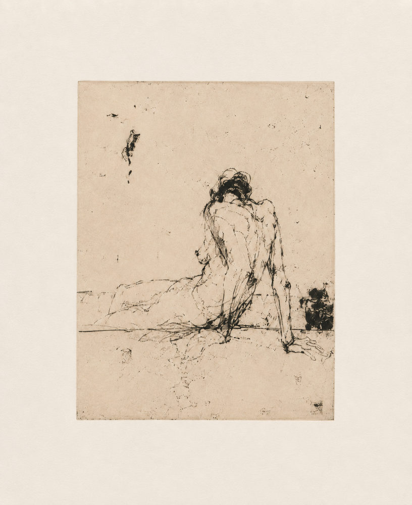 drypoint nude: seated back study, drypoint etching style, black ink life drawing, cream beige tones
