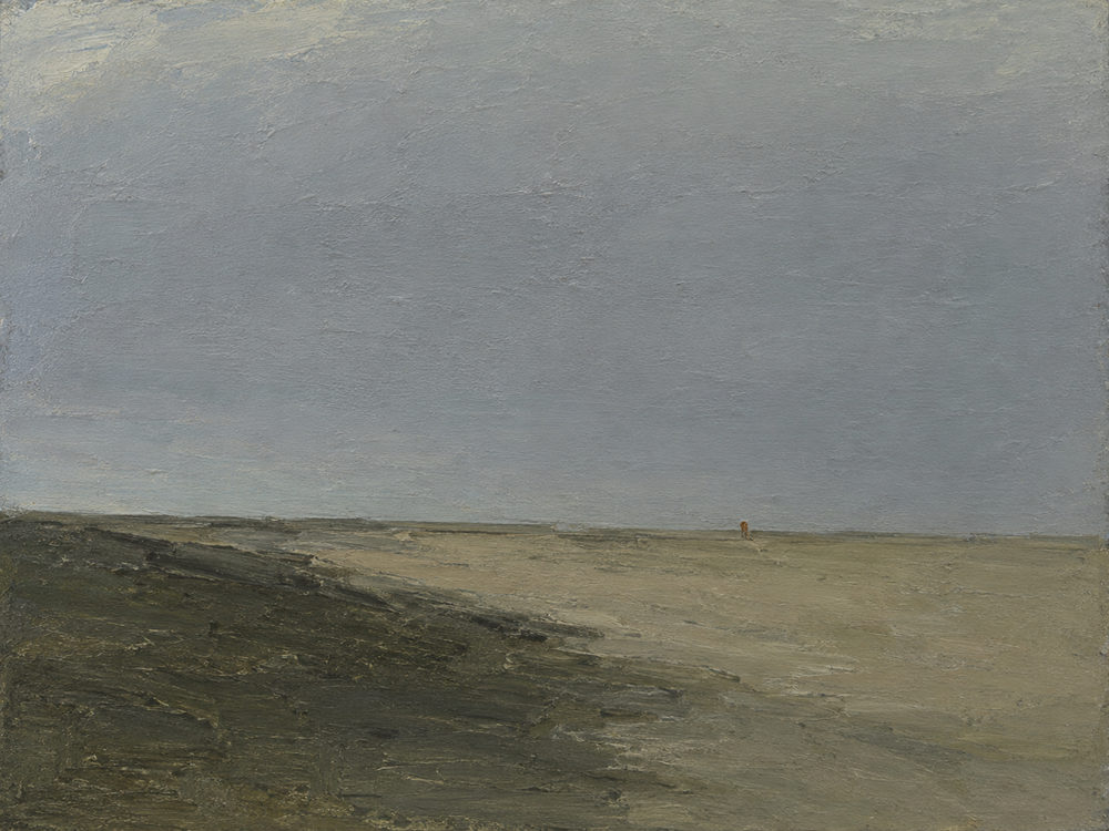 dune figure: impasto oil style dune, grey lavender sky, lone figure horizon