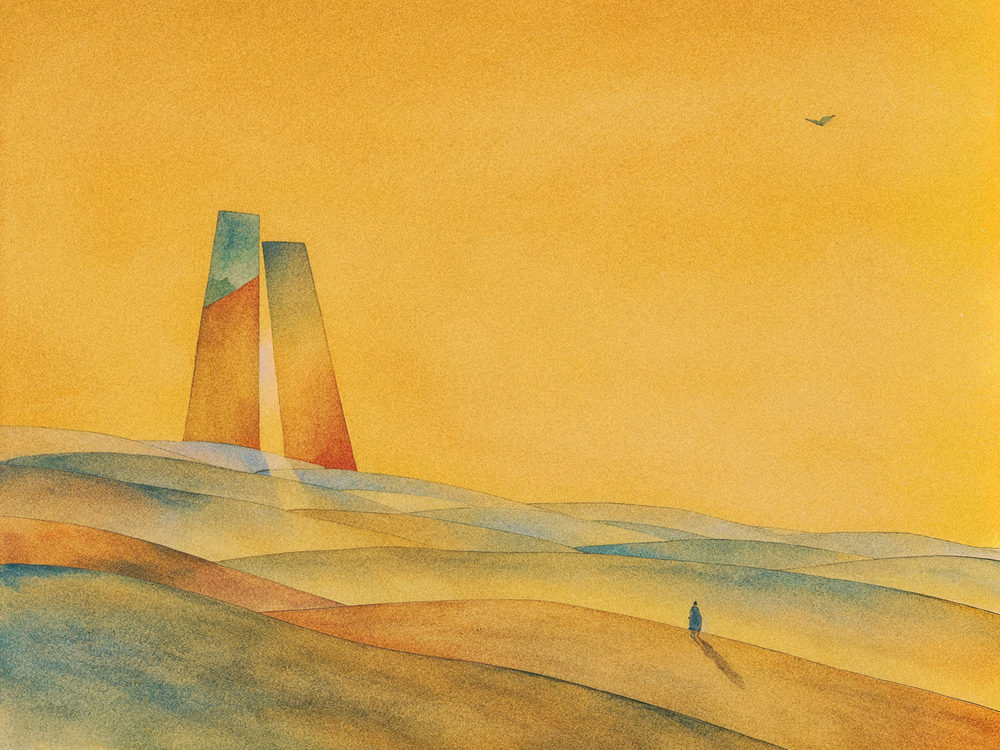 dune monolith: standing stones, golden amber and teal sky, lone traveler