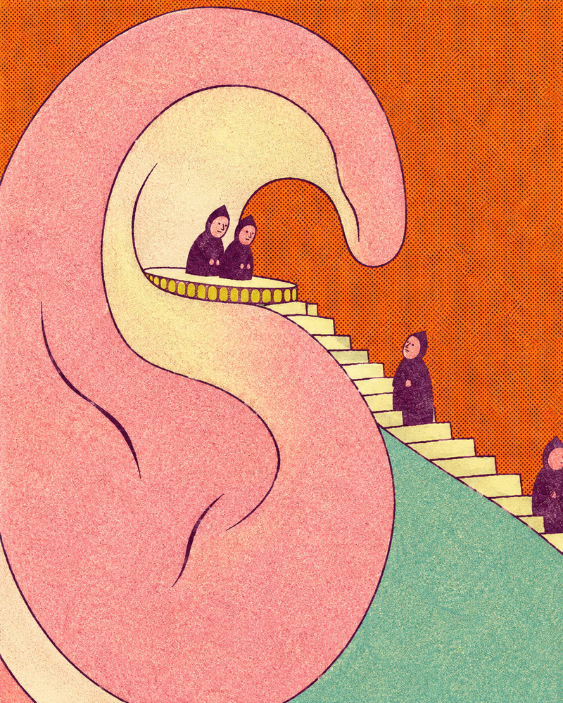 ear balcony: hooded figures climbing stairs to a balcony, risograph style halftone, salmon, tangerine, sage
