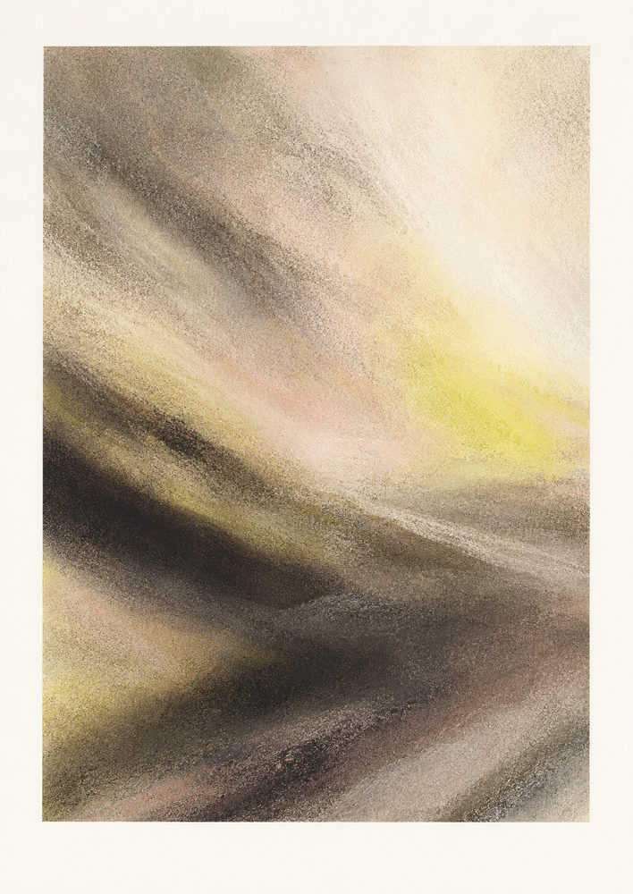 earthy gradients: soft abstract landscape, misty ochre, calm neutral living room