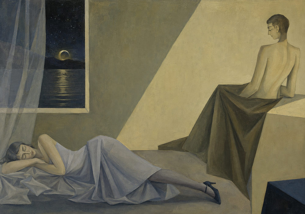 eclipse room: surreal sleeping woman, magic realism interior, olive green and cream
