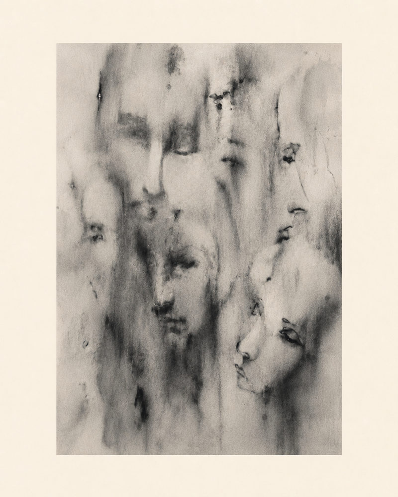 ethereal faces: dreamlike charcoal, surreal ghostly portrait, moody bedroom